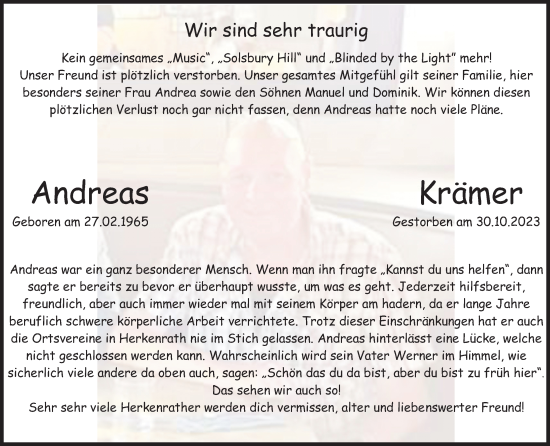 Anzeige von Andreas Krämer von Kölner Stadt-Anzeiger / Kölnische Rundschau / Express