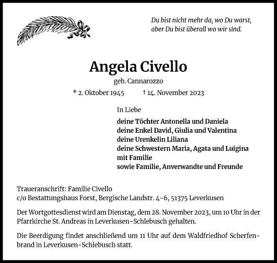 Anzeige von Angela Civello von Kölner Stadt-Anzeiger / Kölnische Rundschau / Express