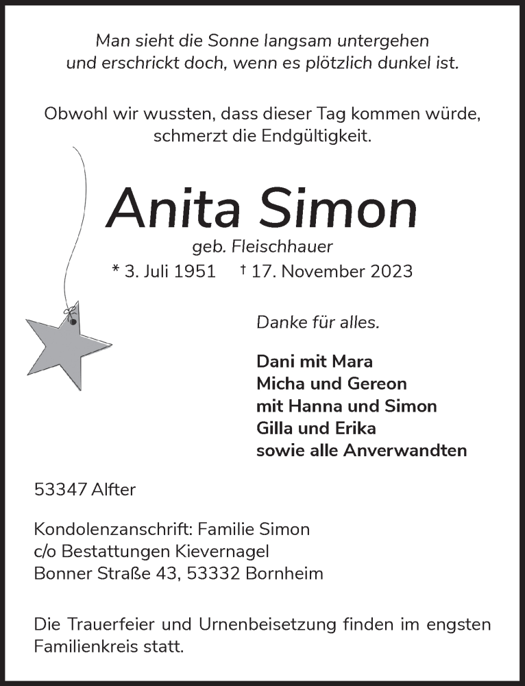  Traueranzeige für Anita Simon vom 24.11.2023 aus  Schaufenster/Blickpunkt 