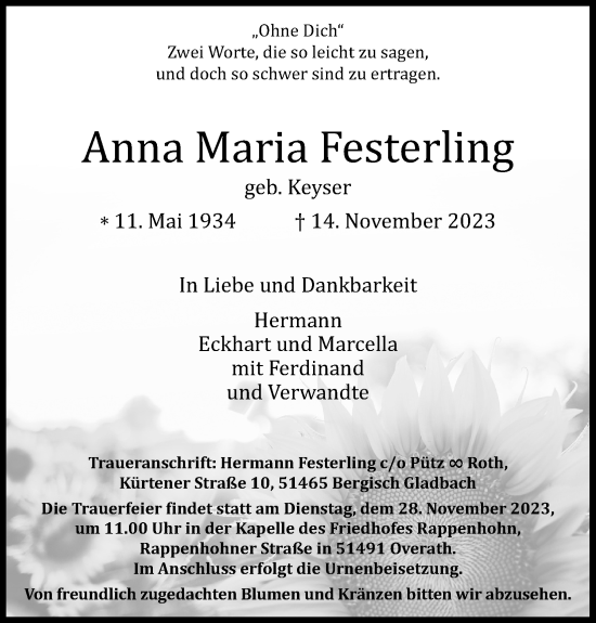 Anzeige von Anna Maria Festerling von Kölner Stadt-Anzeiger / Kölnische Rundschau / Express