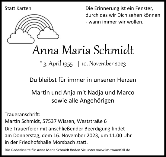 Anzeige von Anna Maria Schmidt von Kölner Stadt-Anzeiger / Kölnische Rundschau / Express