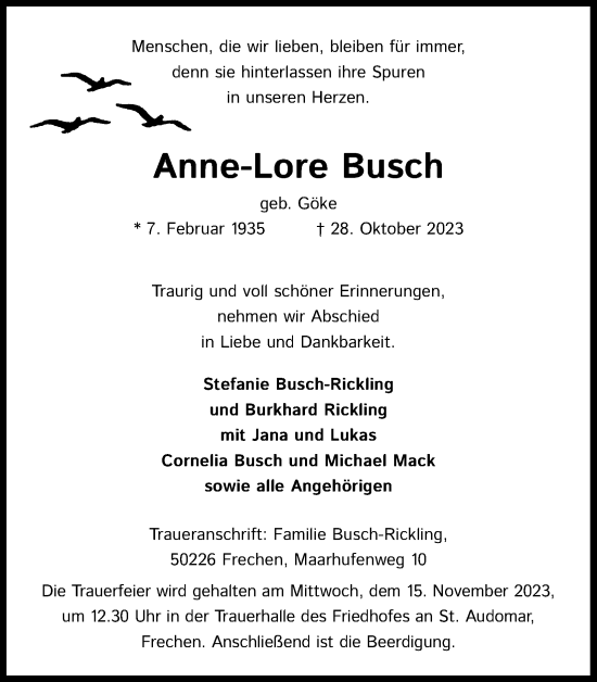 Anzeige von Anne-Lore Busch von Kölner Stadt-Anzeiger / Kölnische Rundschau / Express