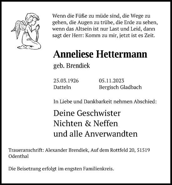Anzeige von Anneliese Hettermann von Kölner Stadt-Anzeiger / Kölnische Rundschau / Express