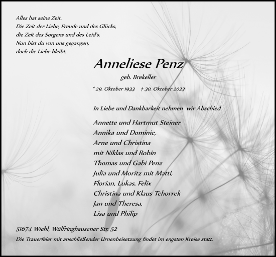 Anzeige von Anneliese Penz von  Anzeigen Echo 