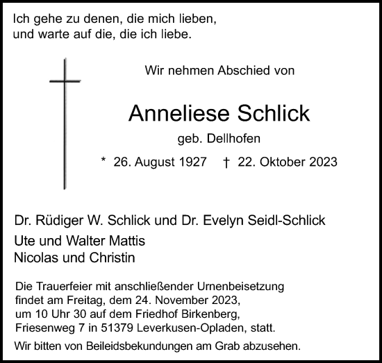 Anzeige von Anneliese Schlick von Kölner Stadt-Anzeiger / Kölnische Rundschau / Express