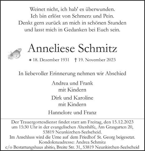 Anzeige von Anneliese Schmitz von  EXPRESS - Die Woche 