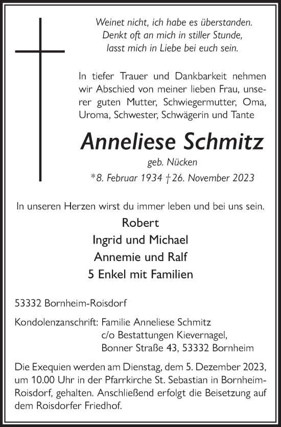 Anzeige von Anneliese Schmitz von  Schaufenster/Blickpunkt 