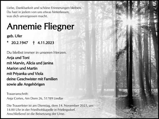 Anzeige von Annemie Fliegner von Kölner Stadt-Anzeiger / Kölnische Rundschau / Express