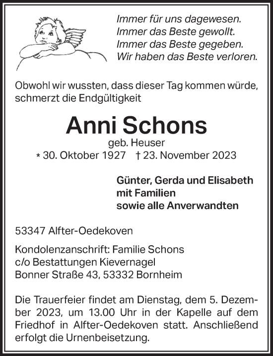 Anzeige von Anni Schons von  Schaufenster/Blickpunkt 