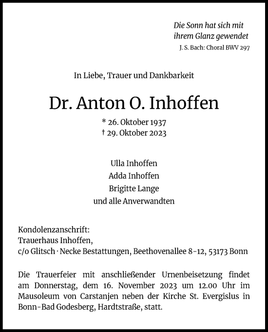 Anzeige von Anton O. Inhoffen von Kölner Stadt-Anzeiger / Kölnische Rundschau / Express