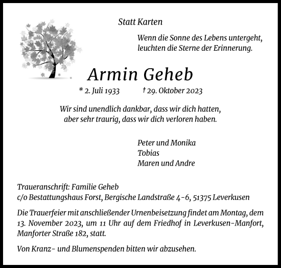 Anzeige von Armin Geheb von Kölner Stadt-Anzeiger / Kölnische Rundschau / Express
