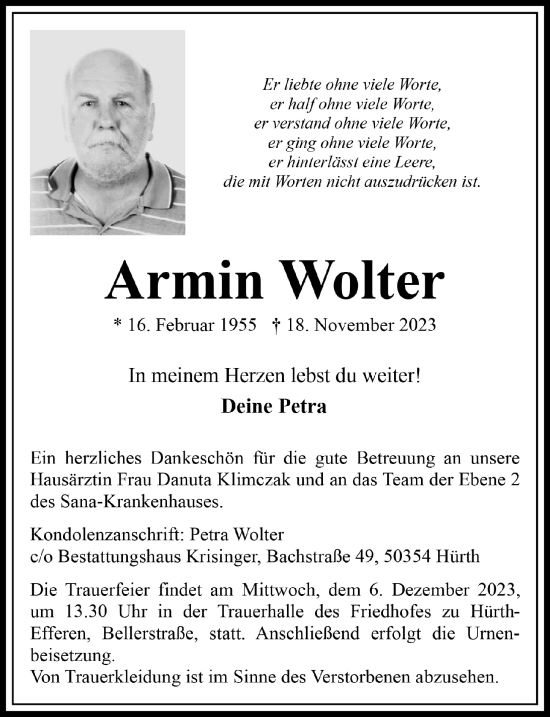 Anzeige von Armin  Wolter von  Wochenende 