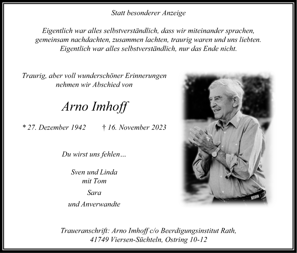  Traueranzeige für Arno Imhoff vom 25.11.2023 aus Kölner Stadt-Anzeiger / Kölnische Rundschau / Express