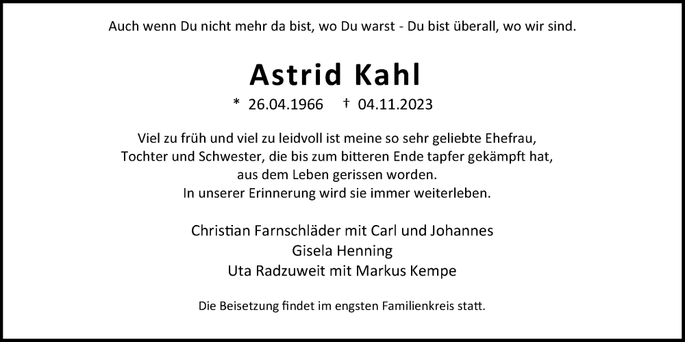  Traueranzeige für Astrid Kahl vom 11.11.2023 aus Kölner Stadt-Anzeiger / Kölnische Rundschau / Express
