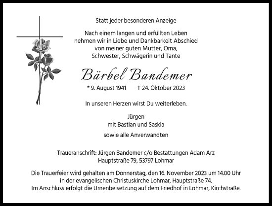 Anzeige von Bärbel Bandemer von Kölner Stadt-Anzeiger / Kölnische Rundschau / Express