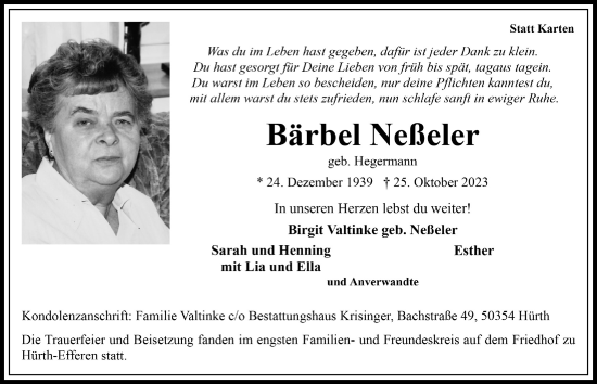 Anzeige von Bärbel Neßeler von  Wochenende 