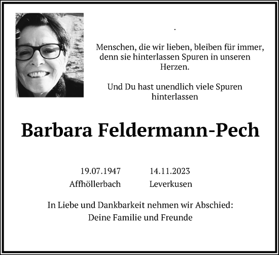 Anzeige von Barbara Feldermann-Pech von Kölner Stadt-Anzeiger / Kölnische Rundschau / Express