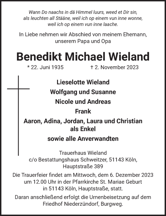 Anzeige von Benedikt Michael Wieland von  EXPRESS - Die Woche 