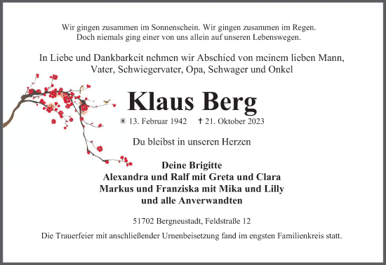 Anzeige von Berg Klaus von Kölner Stadt-Anzeiger / Kölnische Rundschau / Express