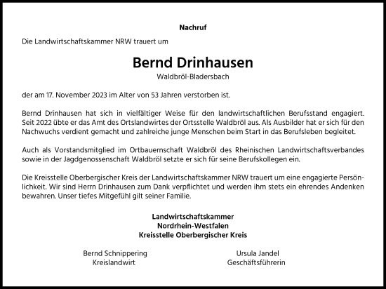 Anzeige von Bernd Drinhausen von Kölner Stadt-Anzeiger / Kölnische Rundschau / Express
