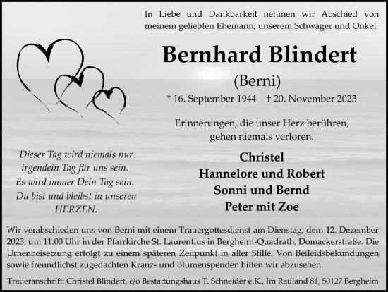Anzeige von Bernhard Blindert von  Werbepost 