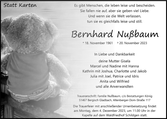 Anzeige von Bernhard Nußbaum von  Bergisches Handelsblatt 