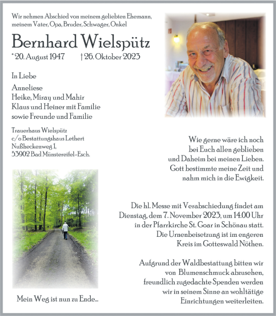 Anzeige von Bernhard Wielspütz von  Blickpunkt Euskirchen 