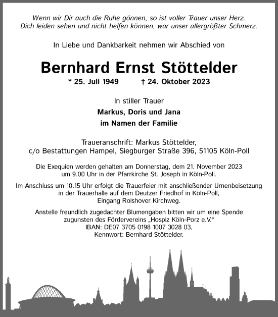Anzeige von Bernhard Ernst Stöttelder von Kölner Stadt-Anzeiger / Kölnische Rundschau / Express