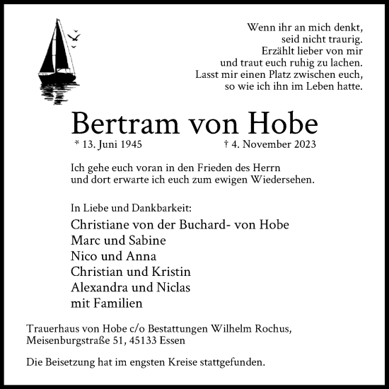 Anzeige von Bertram von Hobe von Kölner Stadt-Anzeiger / Kölnische Rundschau / Express