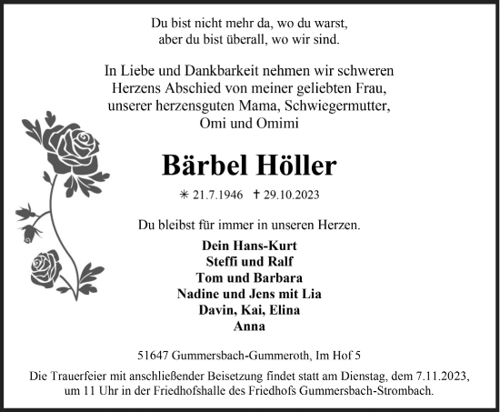 Anzeige von Börbel Höller von  Anzeigen Echo 