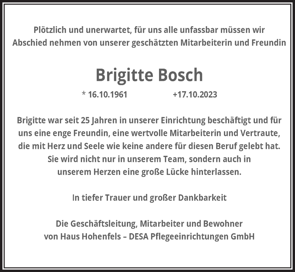  Traueranzeige für Brigitte Bosch vom 17.11.2023 aus  Anzeigen Echo 