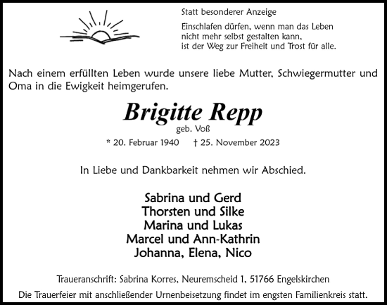 Anzeige von Brigitte Repp von  Anzeigen Echo 