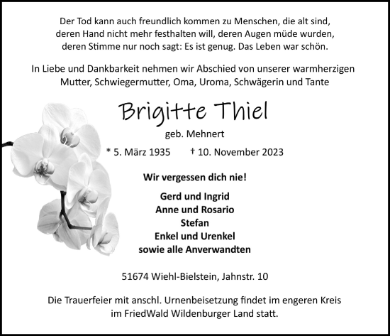 Anzeige von Brigitte Thiel von  Anzeigen Echo 