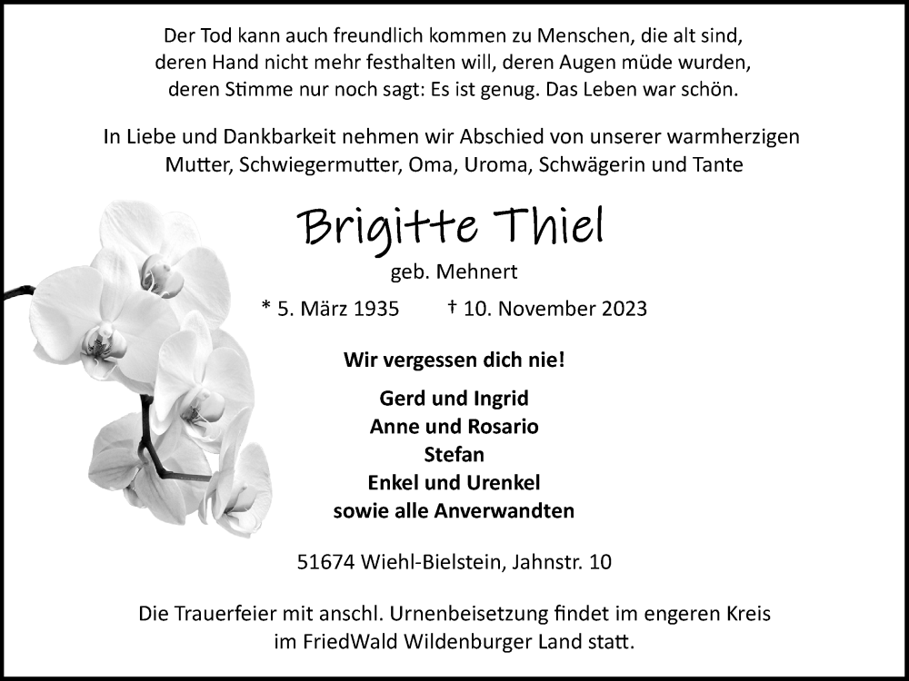  Traueranzeige für Brigitte Thiel vom 18.11.2023 aus Kölner Stadt-Anzeiger / Kölnische Rundschau / Express