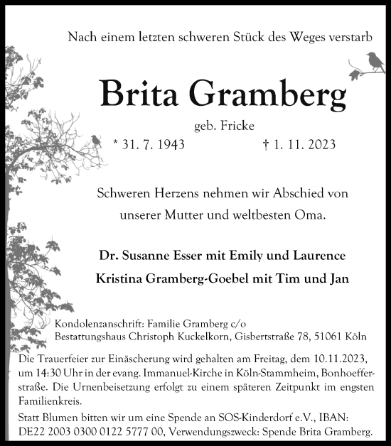 Anzeige von Brita Gramberg von Kölner Stadt-Anzeiger / Kölnische Rundschau / Express