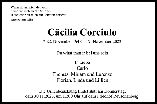 Anzeige von Cäcilia Corciulo von Kölner Stadt-Anzeiger / Kölnische Rundschau / Express
