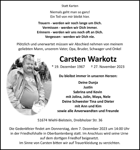 Anzeige von Carsten Warkotz von  Anzeigen Echo 