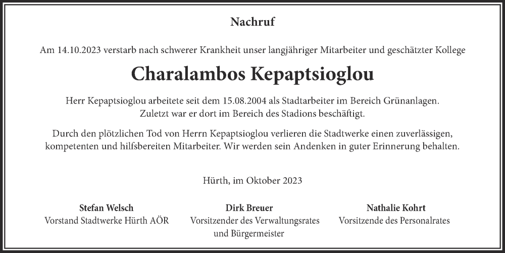  Traueranzeige für Charalambos Kepaptsioglou vom 03.11.2023 aus  Wochenende 