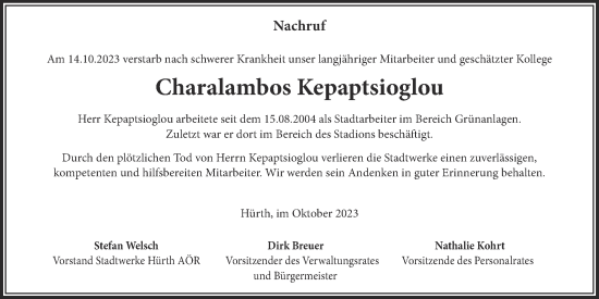 Anzeige von Charalambos Kepaptsioglou von  Wochenende 