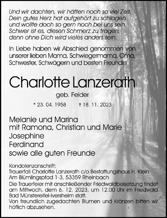 Anzeige von Charlotte Lanzerath von  Schaufenster/Blickpunkt 