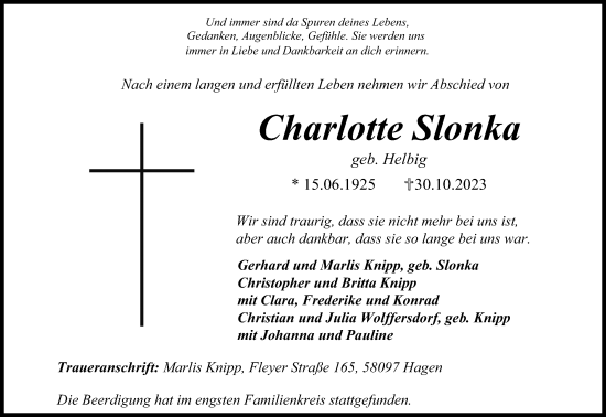 Anzeige von Charlotte Slonka von Kölner Stadt-Anzeiger / Kölnische Rundschau / Express