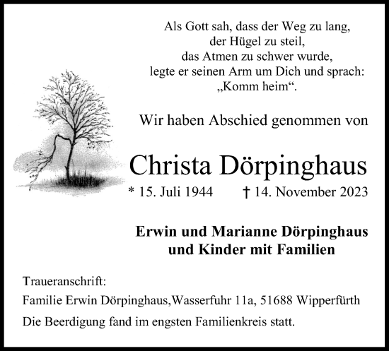 Anzeige von Christa Dörpinghaus von Kölner Stadt-Anzeiger / Kölnische Rundschau / Express