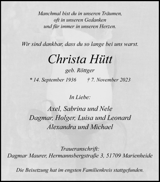 Anzeige von Christa Hütt von Kölner Stadt-Anzeiger / Kölnische Rundschau / Express