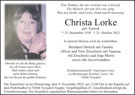 Anzeige von Christa Lorke von Kölner Stadt-Anzeiger / Kölnische Rundschau / Express