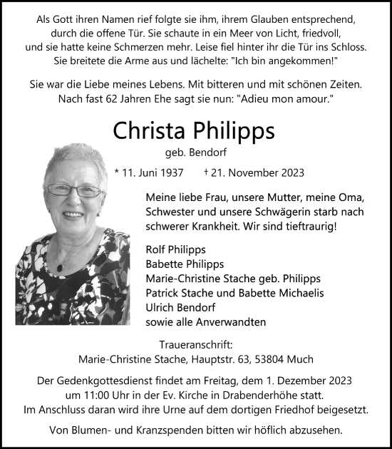 Anzeige von Christa Philipps von  Anzeigen Echo 