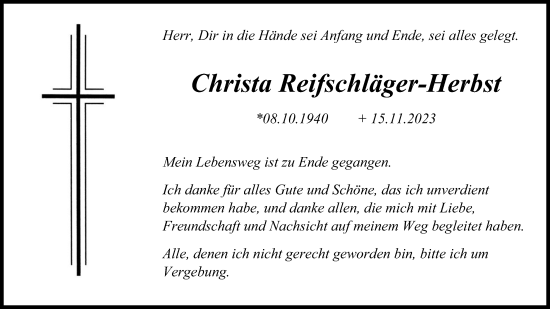 Anzeige von Christa Reifschläger-Herbst von Kölner Stadt-Anzeiger / Kölnische Rundschau / Express