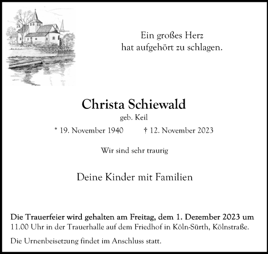 Anzeige von Christa Schiewald von Kölner Stadt-Anzeiger / Kölnische Rundschau / Express