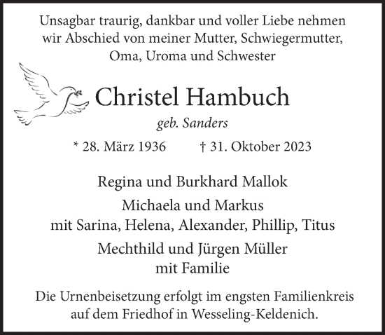 Anzeige von Christel Hambuch von  Schlossbote/Werbekurier 