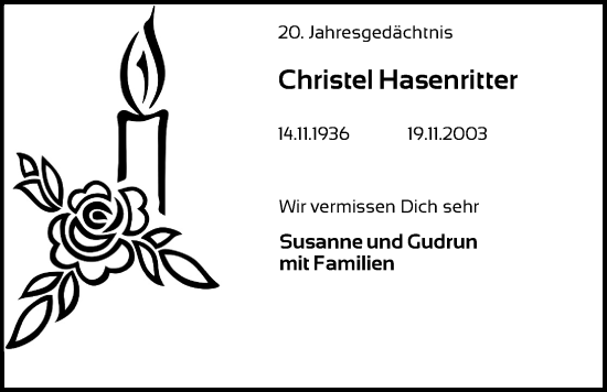 Anzeige von Christel Hasenritter von Kölner Stadt-Anzeiger / Kölnische Rundschau / Express