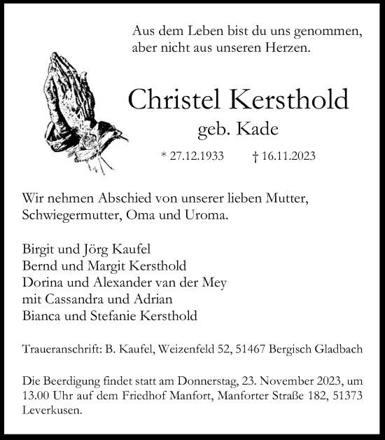 Anzeige von Christel Kersthold von Kölner Stadt-Anzeiger / Kölnische Rundschau / Express